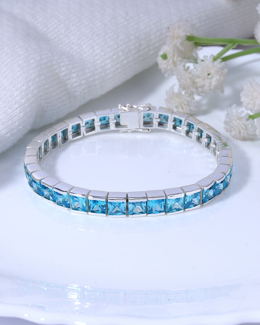 Princess Blue Bezel Set Zirconia Tennis Bracelet